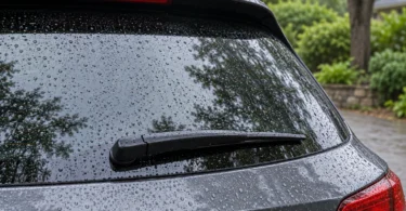 Black rear wiper resting on rain-covered hatch glass beside a leafy driveway