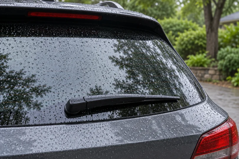 Black rear wiper resting on rain-covered hatch glass beside a leafy driveway
