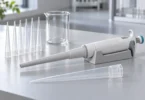 Generic manual pipettor resting in a cradle beside large clear tips and an empty glass beaker