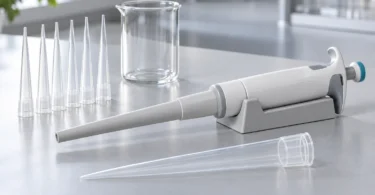 Generic manual pipettor resting in a cradle beside large clear tips and an empty glass beaker