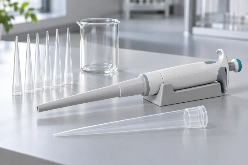 Generic manual pipettor resting in a cradle beside large clear tips and an empty glass beaker