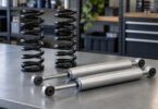 Two unbranded black coil springs and two silver shock absorbers arranged on a gray garage workbench