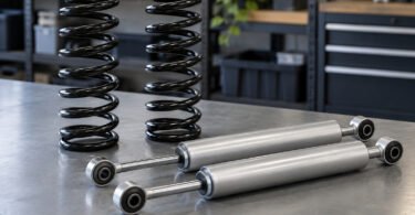 Two unbranded black coil springs and two silver shock absorbers arranged on a gray garage workbench