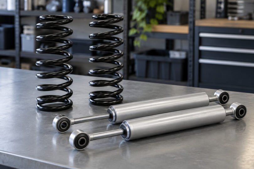Two unbranded black coil springs and two silver shock absorbers arranged on a gray garage workbench