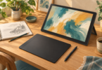 Illustration of an unbranded drawing pad, stylus and angled art display beside a sketchbook on a sunlit wooden desk