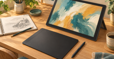 Illustration of an unbranded drawing pad, stylus and angled art display beside a sketchbook on a sunlit wooden desk