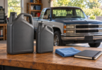 Illustration of two unbranded oil jugs, a blue cloth and a notebook on a workbench with an older pickup in the background