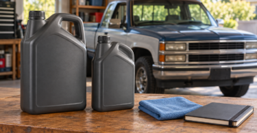 Illustration of two unbranded oil jugs, a blue cloth and a notebook on a workbench with an older pickup in the background