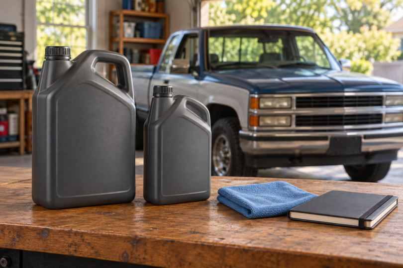 Illustration of two unbranded oil jugs, a blue cloth and a notebook on a workbench with an older pickup in the background