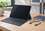 Illustration of an unbranded tablet on a folio stand with a keyboard and loose USB-C cable on a wooden desk