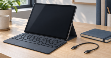 Illustration of an unbranded tablet on a folio stand with a keyboard and loose USB-C cable on a wooden desk