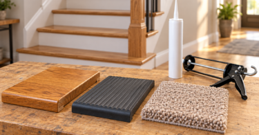 Wood, ribbed rubber and carpet stair-tread samples on a workbench beside an unbranded adhesive cartridge and caulking gun.