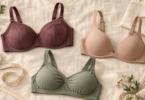 Three unbranded bras with different cup shapes arranged on ivory linen beside a measuring tape.