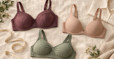 Three unbranded bras with different cup shapes arranged on ivory linen beside a measuring tape.