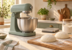 Conceptual illustration of an unbranded stand mixer beside pizza dough balls, a kitchen scale and flour.
