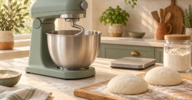 Conceptual illustration of an unbranded stand mixer beside pizza dough balls, a kitchen scale and flour.