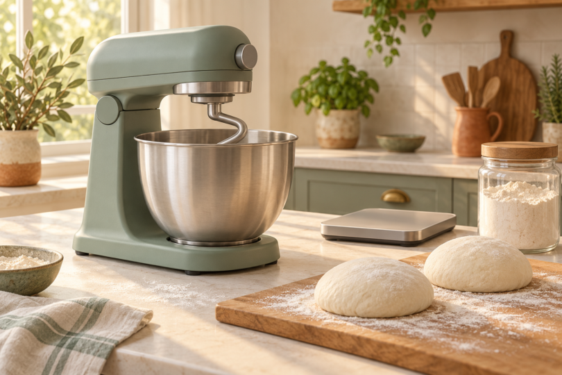 Conceptual illustration of an unbranded stand mixer beside pizza dough balls, a kitchen scale and flour.