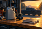 Conceptual illustration of an unbranded oil jug, funnel and closed vehicle manual on a garage bench, with a pickup outside.