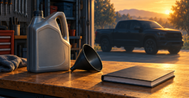 Conceptual illustration of an unbranded oil jug, funnel and closed vehicle manual on a garage bench, with a pickup outside.