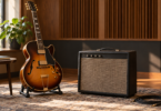 An unbranded hollow-body electric guitar rests on a stand beside a small black combo amplifier in a warmly lit room.