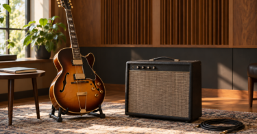 An unbranded hollow-body electric guitar rests on a stand beside a small black combo amplifier in a warmly lit room.