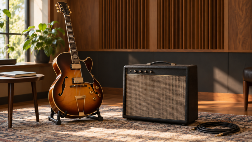 An unbranded hollow-body electric guitar rests on a stand beside a small black combo amplifier in a warmly lit room.