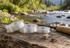 Three unbranded clear fishing-line spools, two small flies and a cork fly-rod handle on weathered wood beside a stream.