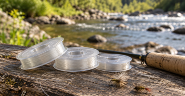 Three unbranded clear fishing-line spools, two small flies and a cork fly-rod handle on weathered wood beside a stream.