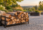 Split logs stacked on a low metal rack on a gravel patio, with an unlit fire ring in the background.
