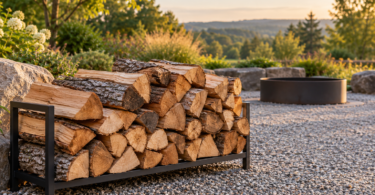 Split logs stacked on a low metal rack on a gravel patio, with an unlit fire ring in the background.