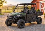 Conceptual illustration of an unbranded two-seat utility side-by-side with an empty cargo bed parked on level gravel beside a red barn.