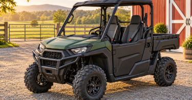 Conceptual illustration of an unbranded two-seat utility side-by-side with an empty cargo bed parked on level gravel beside a red barn.