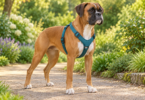 Conceptual illustration of an adult fawn Boxer with natural ears wearing an unbranded teal walking harness while standing on a level garden path.