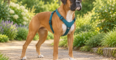 Conceptual illustration of an adult fawn Boxer with natural ears wearing an unbranded teal walking harness while standing on a level garden path.