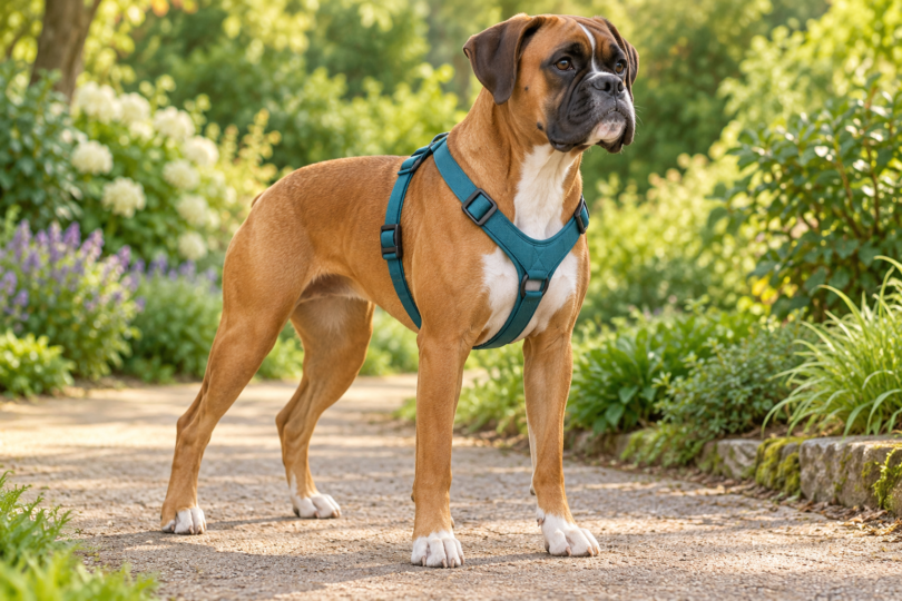 Conceptual illustration of an adult fawn Boxer with natural ears wearing an unbranded teal walking harness while standing on a level garden path.