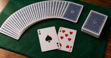 An unbranded fan of blue-backed playing cards, a squared deck and two face-up cards on a green mat.