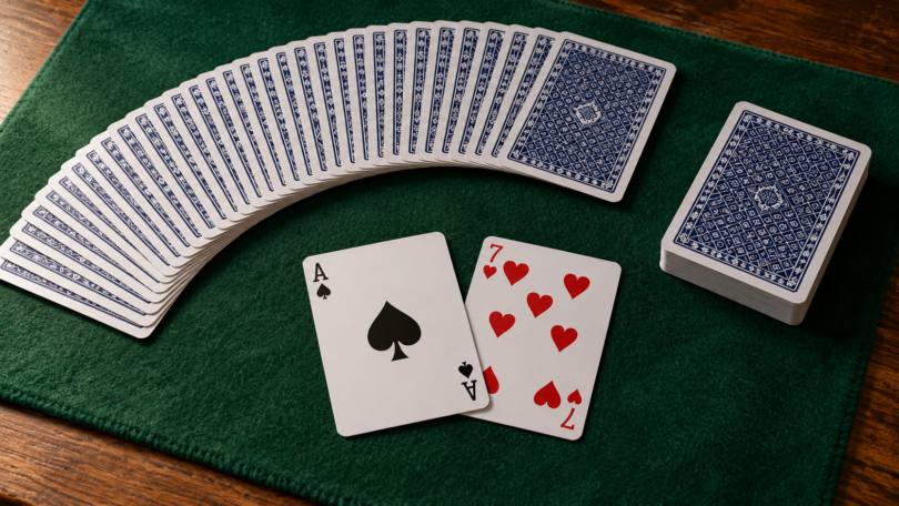 An unbranded fan of blue-backed playing cards, a squared deck and two face-up cards on a green mat.
