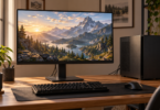 An unbranded flat monitor displays a mountain landscape beside a black desktop computer, keyboard and mouse on a wooden desk.