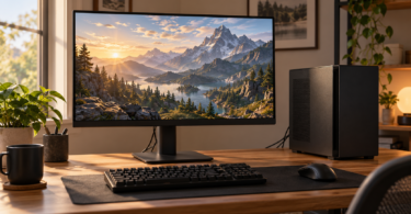 An unbranded flat monitor displays a mountain landscape beside a black desktop computer, keyboard and mouse on a wooden desk.