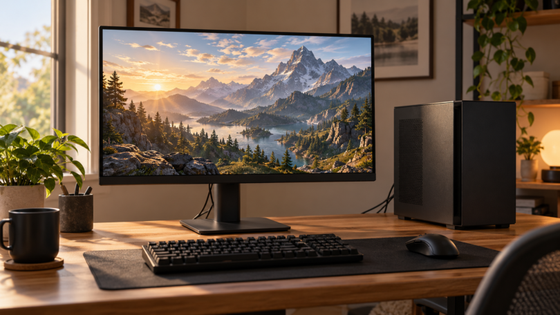 An unbranded flat monitor displays a mountain landscape beside a black desktop computer, keyboard and mouse on a wooden desk.