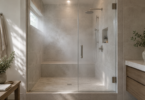 An empty glass-enclosed shower with pale tile, a built-in bench and a gentle haze of steam.