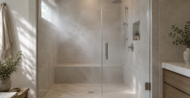 An empty glass-enclosed shower with pale tile, a built-in bench and a gentle haze of steam.