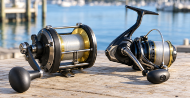 A generic conventional reel and spinning reel with wound line on a wooden surface beside a marina.