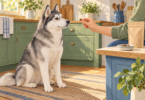 Conceptual illustration of an adult gray-and-white husky calmly watching a person hold a small dog treat in a kitchen.