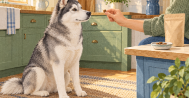 Conceptual illustration of an adult gray-and-white husky calmly watching a person hold a small dog treat in a kitchen.