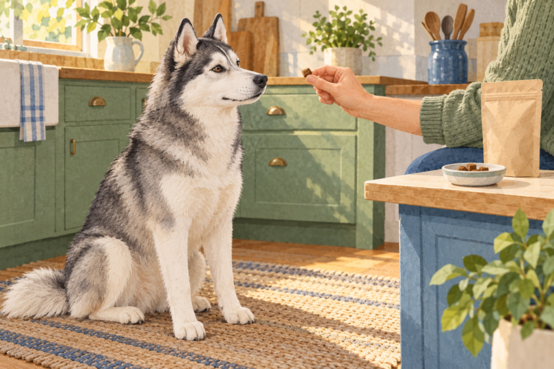 Conceptual illustration of an adult gray-and-white husky calmly watching a person hold a small dog treat in a kitchen.