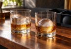 Two unbranded rocks glasses holding amber whiskey, one with a large square ice cube and one with a round ice sphere, on a wooden counter.