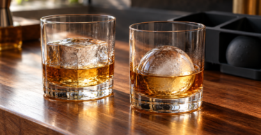 Two unbranded rocks glasses holding amber whiskey, one with a large square ice cube and one with a round ice sphere, on a wooden counter.
