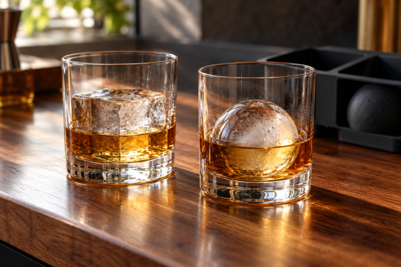 Two unbranded rocks glasses holding amber whiskey, one with a large square ice cube and one with a round ice sphere, on a wooden counter.