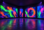 Conceptual illustration of fluorescent abstract artwork glowing under unbranded violet lighting in an empty exhibition room.